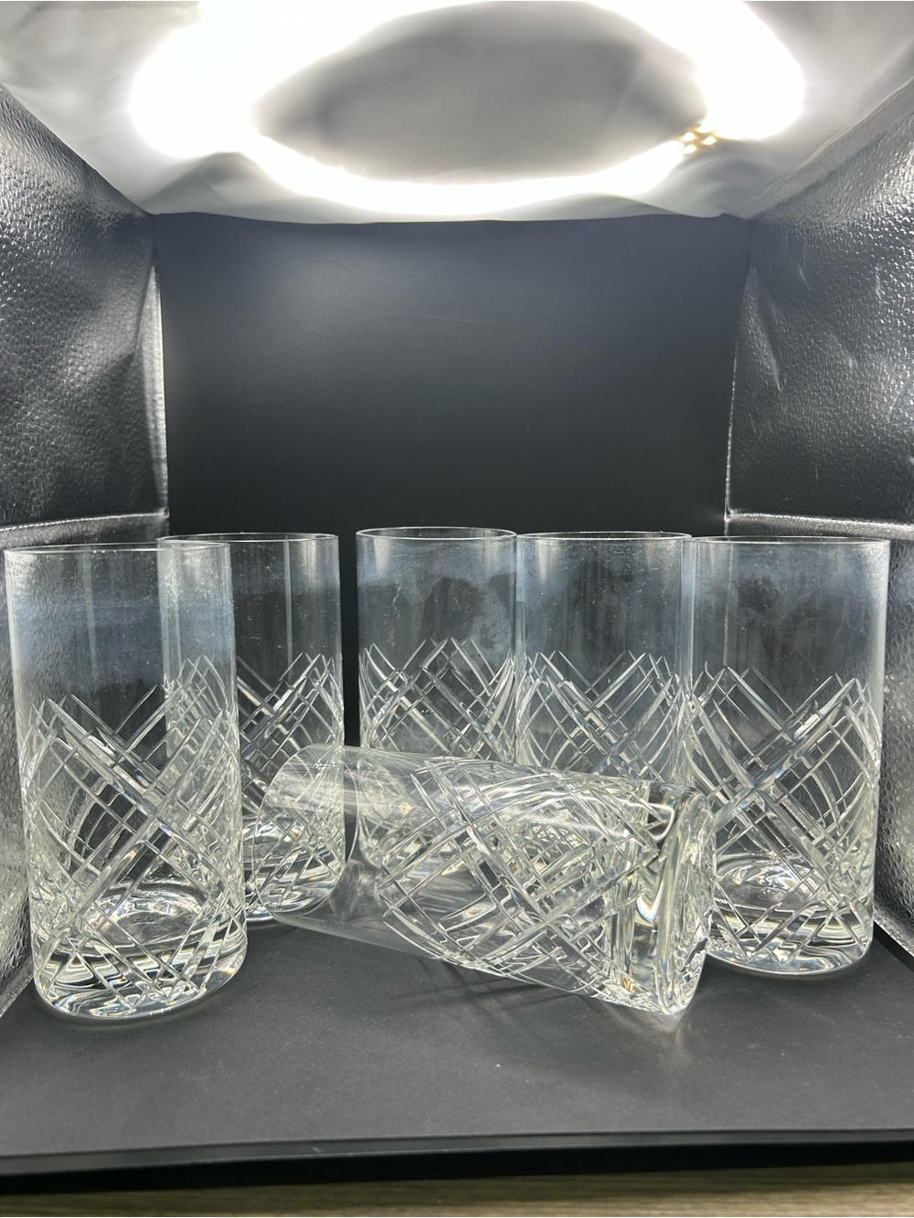 6 Lenox Tartan Highball Glasses Set Vintage 5.5" Cut Crystal Criss Cross Tumbler